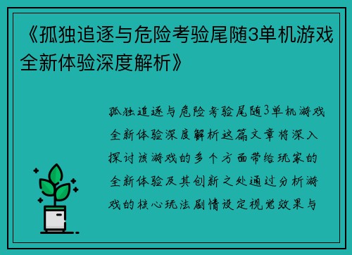 《孤独追逐与危险考验尾随3单机游戏全新体验深度解析》